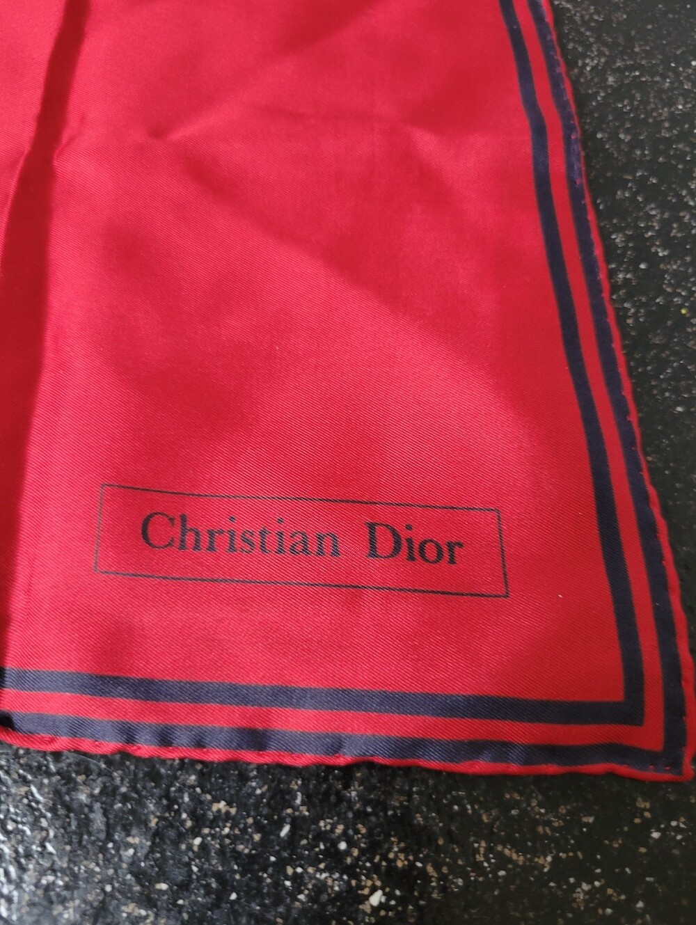 Dior Red Silk Scarf with Navy Stripe Border